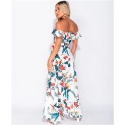 Langes Off Shoulder Maxikleid Mit Palmen Und Volants Weiß -Look Motto Verkäufe langes off shoulder maxikleid mit palmen und volants weiss6