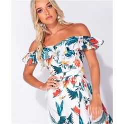 Langes Off Shoulder Maxikleid Mit Palmen Und Volants Weiß -Look Motto Verkäufe langes off shoulder maxikleid mit palmen und volants weiss7