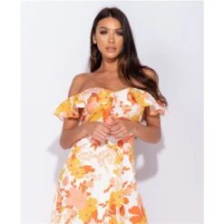 Langes Off Shoulder Maxikleid Mit Volants Und Blumen Gelb