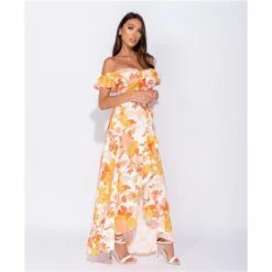 Langes Off Shoulder Maxikleid Mit Volants Und Blumen Gelb -Look Motto Verkäufe langes off shoulder maxikleid mit volants und blumen gelb3
