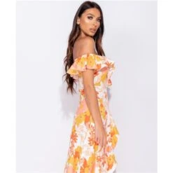 Langes Off Shoulder Maxikleid Mit Volants Und Blumen Gelb -Look Motto Verkäufe langes off shoulder maxikleid mit volants und blumen gelb5