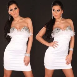 Luxus Satin Bandeau Kleid Minikleid Mit Glas-Steinen Weiß -Look Motto Verkäufe luxus satin bandeau kleid minikleid mit glas steinen weiss3