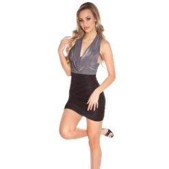Party Minikleid Gerafft Mit Wasserfallausschnitt Grau/Schwarz -Look Motto Verkäufe party minikleid gerafft mit wasserfallausschnitt grau schwarz5