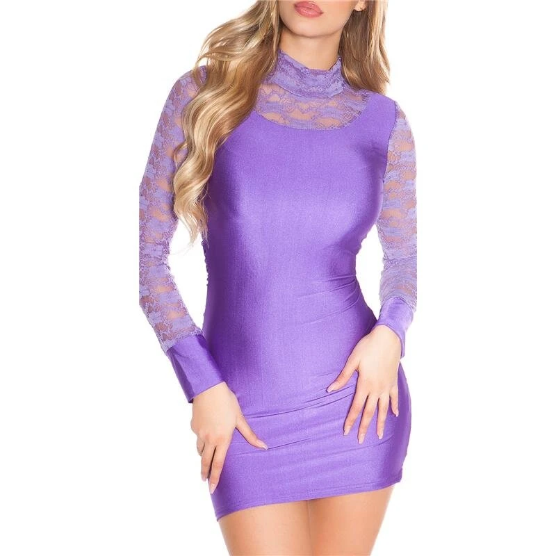 Schimmerndes Langarm Minikleid Mit Spitze Und Raffungen Lila 4 Schimmerndes Langarm Minikleid Mit Spitze Und Raffungen Lila – Bild 2