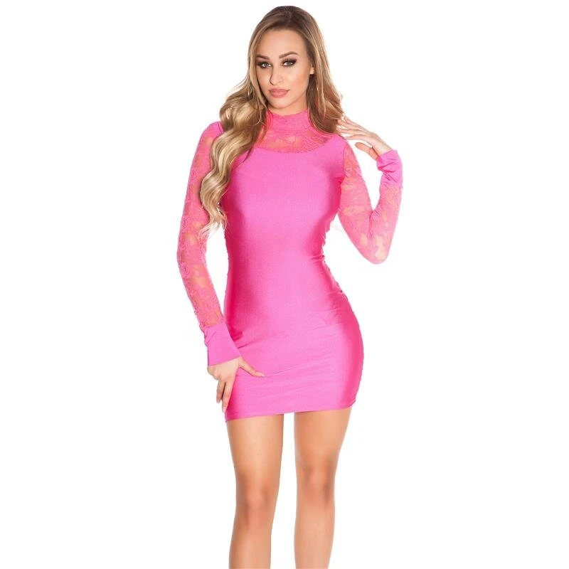 Schimmerndes Langarm Minikleid Mit Spitze Und Raffungen Pink 3 Schimmerndes Langarm Minikleid Mit Spitze Und Raffungen Pink