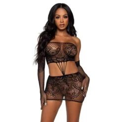 LEG AVENUE Sexy 2-tlg Damen Stretch-Netzkleid Mit Armstulpen Schwarz