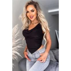 Sexy Bauchfreies Damen Top Mit Wasserfall-Ausschnitt Schwarz