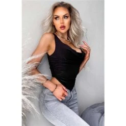 Sexy Bauchfreies Damen Top Mit Wasserfall-Ausschnitt Schwarz -Look Motto Verkäufe sexy bauchfreies damen top mit wasserfall ausschnitt schwarz3