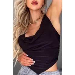 Sexy Bauchfreies Damen Top Mit Wasserfall-Ausschnitt Schwarz -Look Motto Verkäufe sexy bauchfreies damen top mit wasserfall ausschnitt schwarz5