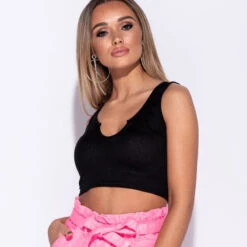 Sexy Bauchfreies Damen Träger-Top Rippstrick Schwarz