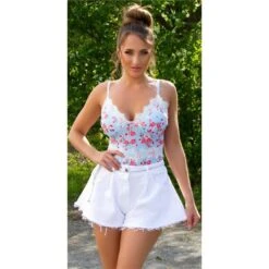 Sexy Damen Body Top Mit Spitze Und Blumenmuster Babyblau