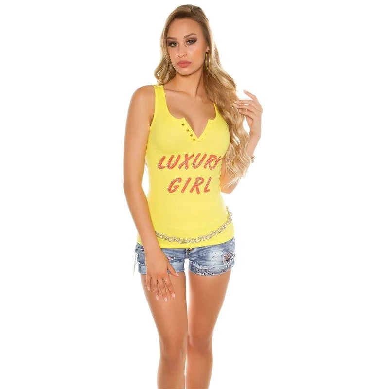 Sexy Damen Feinripp Tanktop Mit Knopfleiste Vorne Gelb 4 Sexy Damen Feinripp Tanktop Mit Knopfleiste Vorne Gelb – Bild 2