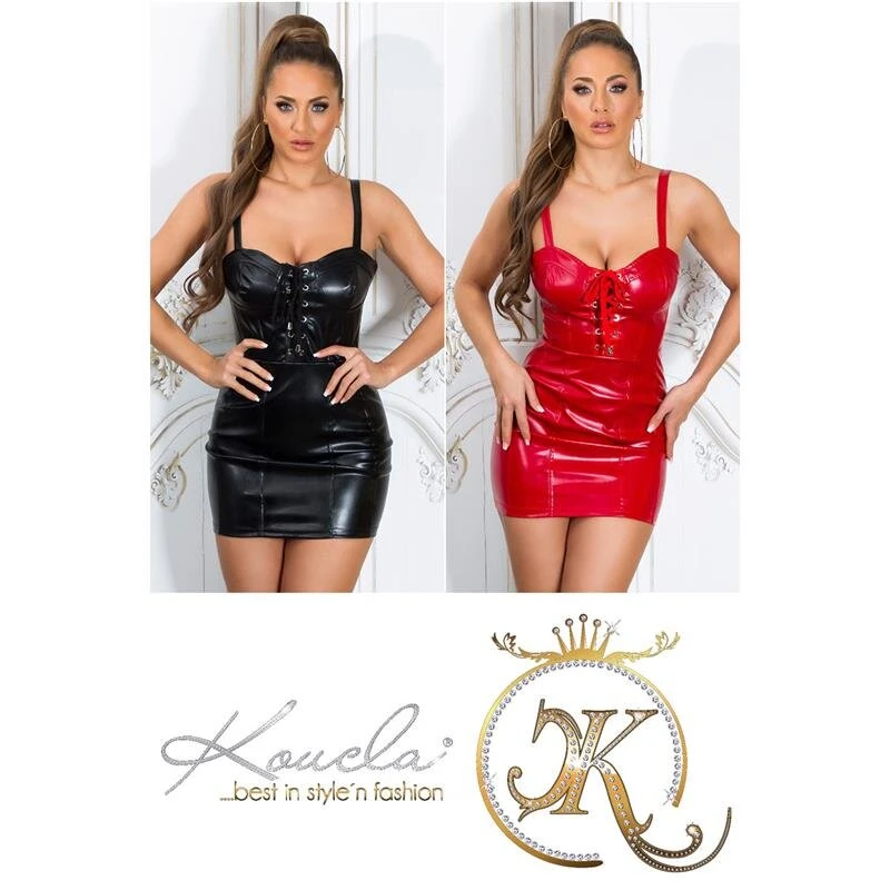 Sexy Damen Kunstleder Bodycon Trägerkleid Mit Schnürung Schwarz 9 Sexy Damen Kunstleder Bodycon Trägerkleid Mit Schnürung Schwarz – Bild 7