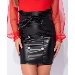 Sexy Damen Kunstleder Paperbag Rock Mit Gürtel Schwarz
