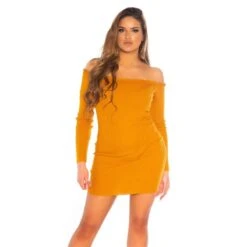 Sexy Damen Off-Shoulder Strickkleid/Longpullover Senfgelb -Look Motto Verkäufe sexy damen off shoulder strickkleid longpullover senfgelb6