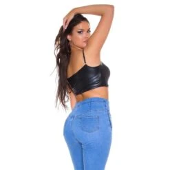 Sexy Damen Träger Crop Top In Leder-Look Clubwear Schwarz -Look Motto Verkäufe sexy damen traeger crop top in leder look clubwear schwarz4