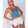 Sexy Damen Träger-Top Aus Jeans Mit Knopfleiste Blau -Look Motto Verkäufe sexy damen traeger top aus jeans mit knopfleiste blau