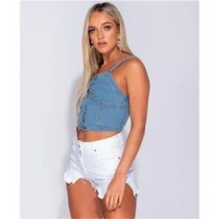 Sexy Damen Träger-Top Aus Jeans Mit Knopfleiste Blau -Look Motto Verkäufe sexy damen traeger top aus jeans mit knopfleiste blau3