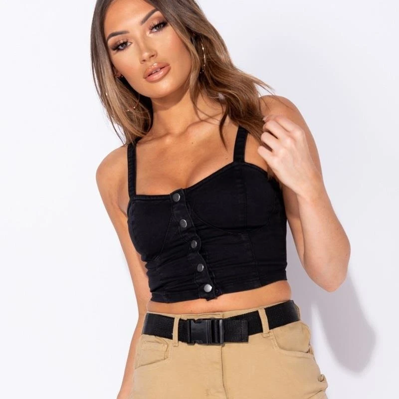 Sexy Damen Träger-Top Aus Jeans Mit Knopfleiste Schwarz 3 Sexy Damen Träger-Top Aus Jeans Mit Knopfleiste Schwarz