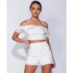 Sexy Damen Zweiteiler Sommer Crop Top Und Shorts Weiß