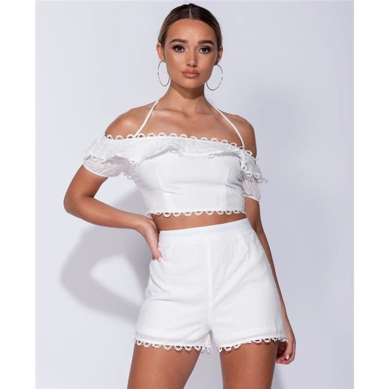 Sexy Damen Zweiteiler Sommer Crop Top Und Shorts Weiß 3 Sexy Damen Zweiteiler Sommer Crop Top Und Shorts Weiß