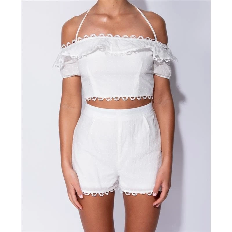 Sexy Damen Zweiteiler Sommer Crop Top Und Shorts Weiß 4 Sexy Damen Zweiteiler Sommer Crop Top Und Shorts Weiß – Bild 2
