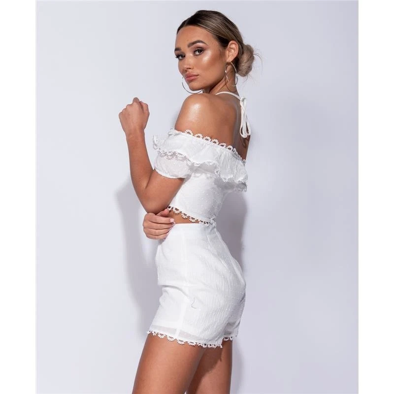 Sexy Damen Zweiteiler Sommer Crop Top Und Shorts Weiß 7 Sexy Damen Zweiteiler Sommer Crop Top Und Shorts Weiß – Bild 5