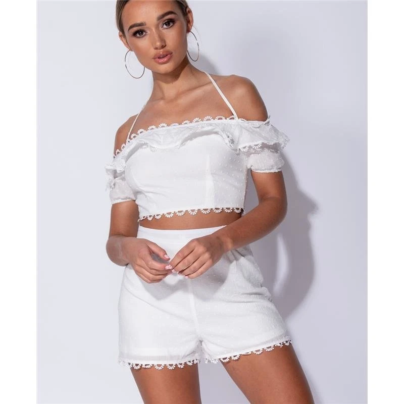 Sexy Damen Zweiteiler Sommer Crop Top Und Shorts Weiß 8 Sexy Damen Zweiteiler Sommer Crop Top Und Shorts Weiß – Bild 6