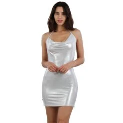 Sexy Glänzendes Damen Party Minikleid In Metallic-Look Silber