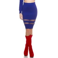 Sexy High-Waist Strick-Rock Mit Transparenten Streifen Royal Blau