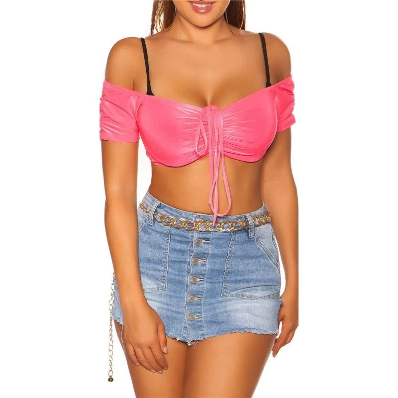 Sexy Latina Off-Shoulder Crop Top Mit Bändern Pink 3 Sexy Latina Off-Shoulder Crop Top Mit Bändern Pink