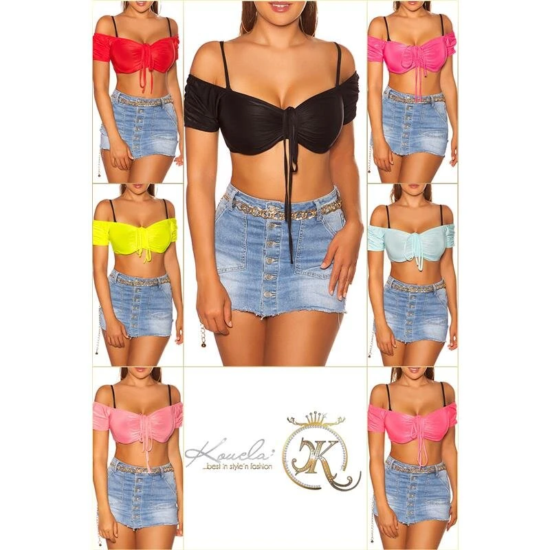 Sexy Latina Off-Shoulder Crop Top Mit Bändern Pink 9 Sexy Latina Off-Shoulder Crop Top Mit Bändern Pink – Bild 7