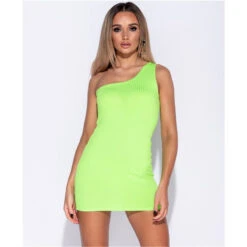 Sexy One-Shoulder Bodycon Minikleid Rippstrick Neon Grün