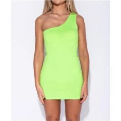 Sexy One-Shoulder Bodycon Minikleid Rippstrick Neon Grün -Look Motto Verkäufe sexy one shoulder bodycon minikleid rippstrick neon gruen3