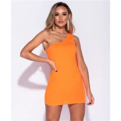 Sexy One-Shoulder Bodycon Minikleid Rippstrick Neon Orange
