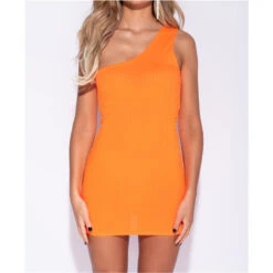 Sexy One-Shoulder Bodycon Minikleid Rippstrick Neon Orange -Look Motto Verkäufe sexy one shoulder bodycon minikleid rippstrick neon orange3