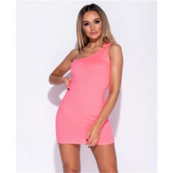 Sexy One-Shoulder Bodycon Minikleid Rippstrick Neon Pink -Look Motto Verkäufe sexy one shoulder bodycon minikleid rippstrick neon pink2