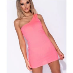 Sexy One-Shoulder Bodycon Minikleid Rippstrick Neon Pink -Look Motto Verkäufe sexy one shoulder bodycon minikleid rippstrick neon pink3