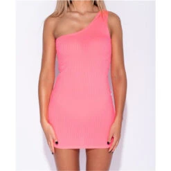 Sexy One-Shoulder Bodycon Minikleid Rippstrick Neon Pink -Look Motto Verkäufe sexy one shoulder bodycon minikleid rippstrick neon pink4
