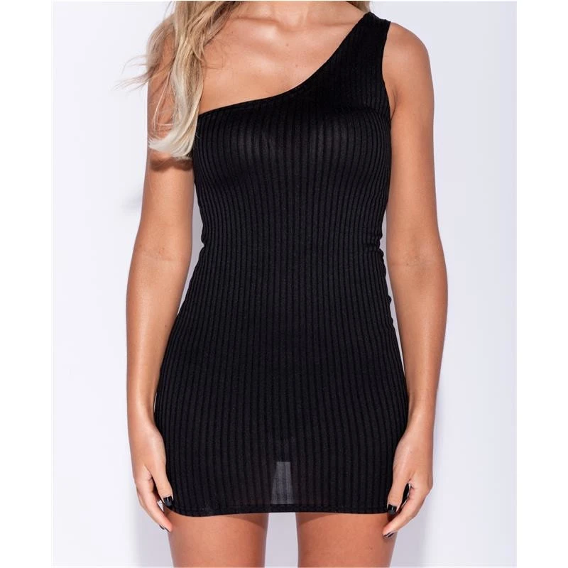 Sexy One-Shoulder Bodycon Minikleid Rippstrick Schwarz 5 Sexy One-Shoulder Bodycon Minikleid Rippstrick Schwarz – Bild 3