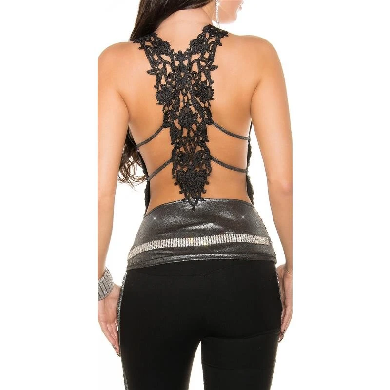 Sexy Party Träger-Top Mit Edler Stickerei Und Glitzer Schwarz 4 Sexy Party Träger-Top Mit Edler Stickerei Und Glitzer Schwarz – Bild 2