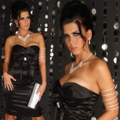 Sexy Satin Bandeau-Kleid Etuikleid Mit Strass Schwarz