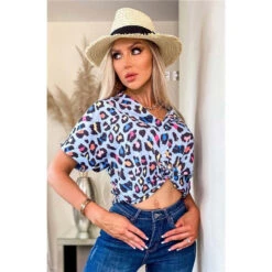 Sommer Damen-Bluse Mit Animalprint Leopard Hellblau