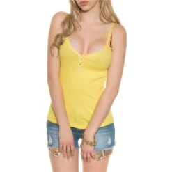 Süßes Rippstrick Träger-Top Mit Spitze Und Knöpfen Gelb