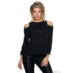 Transparente Cold-Shoulder Chiffon Bluse Mit Spitze Schwarz