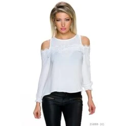 Transparente Cold-Shoulder Chiffon Bluse Mit Spitze Weiß