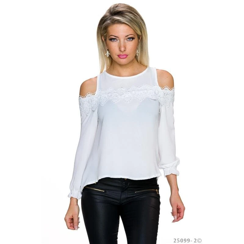 Transparente Cold-Shoulder Chiffon Bluse Mit Spitze Weiß 3 Transparente Cold-Shoulder Chiffon Bluse Mit Spitze Weiß